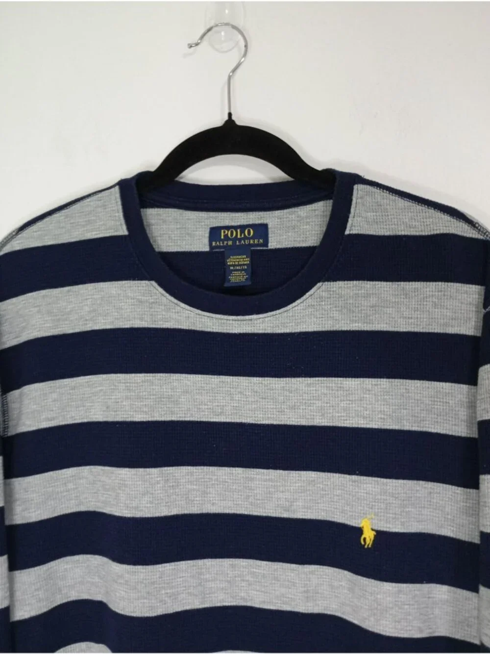 Polo Ralph Lauren Men XL Navy Gray Striped Waffle Knit Long Sleeve Sleepwear Top